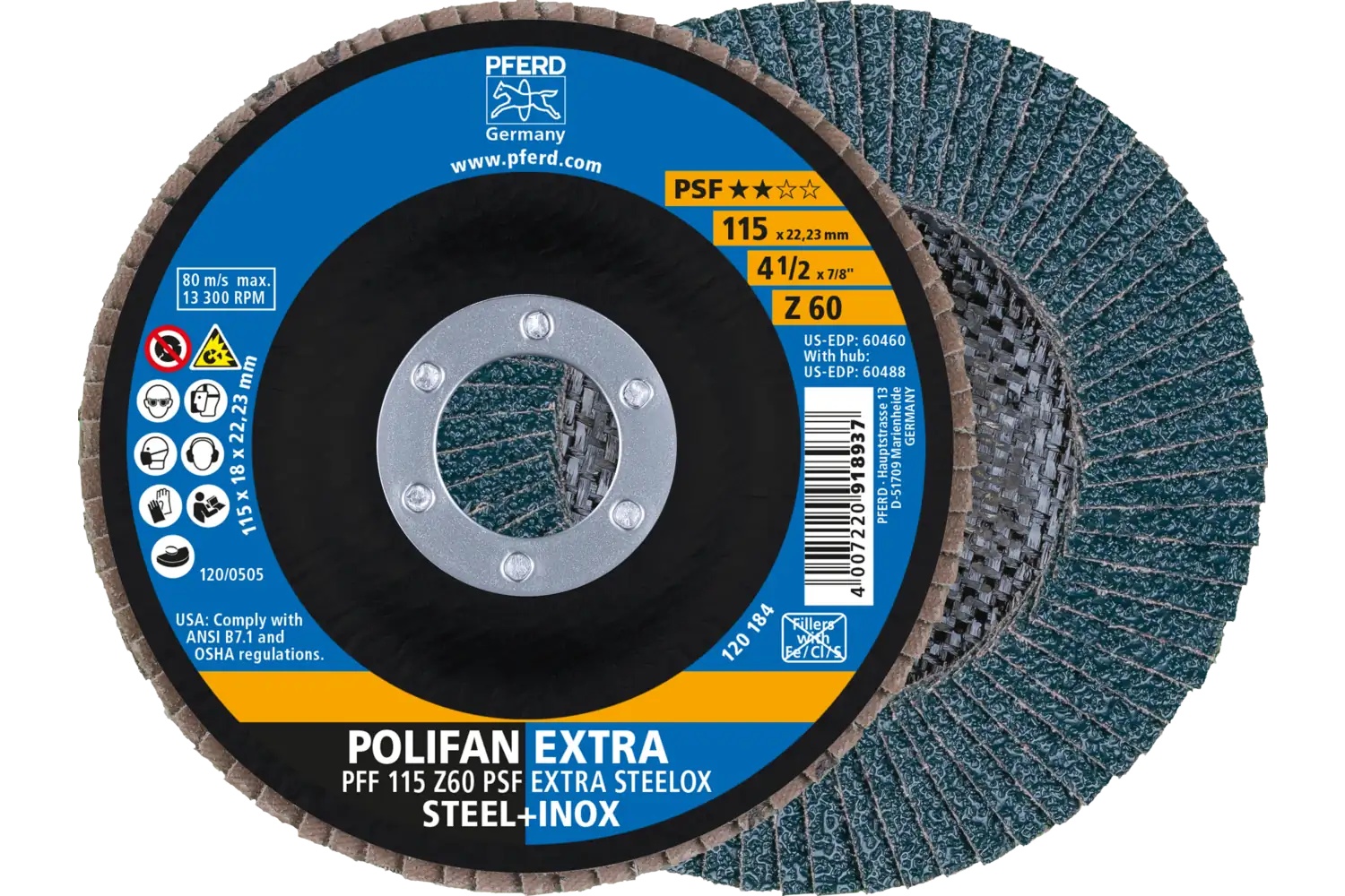 Picture of Pferd Flap Disc, 4-1/2" x 7/8, Z PSF Extra Steelox, 60 Grit, T27, Flat, Zirconia